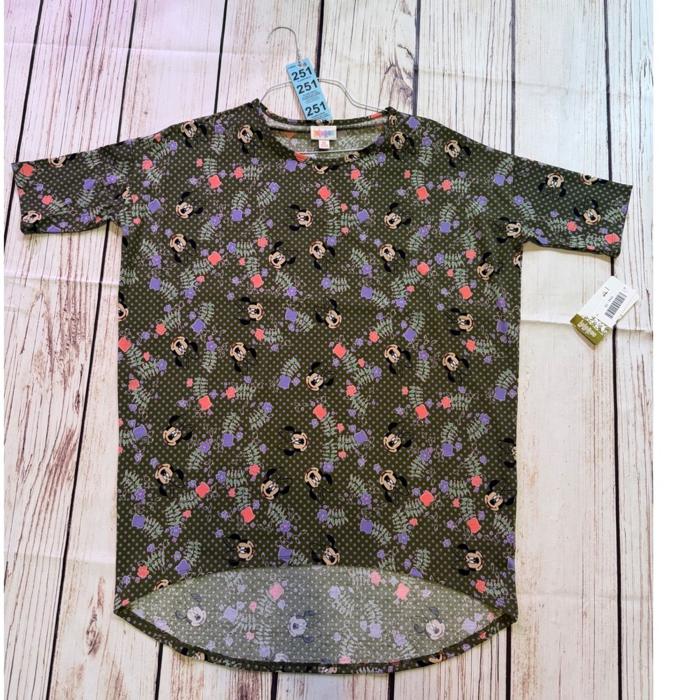 LuLaRoe Disney Minnie Mouse Irma Tunic Top Olive Green Floral Polka Dot XS NEW‎